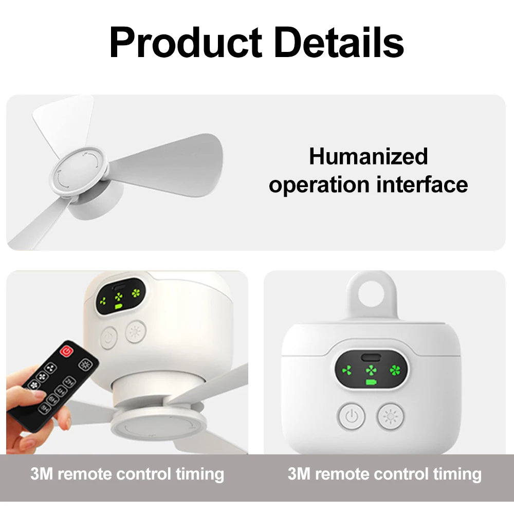 Portable Ceiling Fan Rechargeable Wireless Air Circulators with Remote Control Night Light