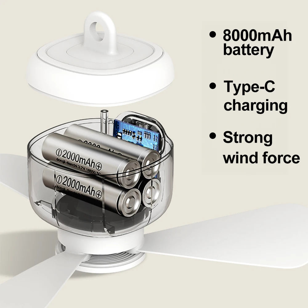 Portable Ceiling Fan Rechargeable Wireless Air Circulators with Remote Control Night Light
