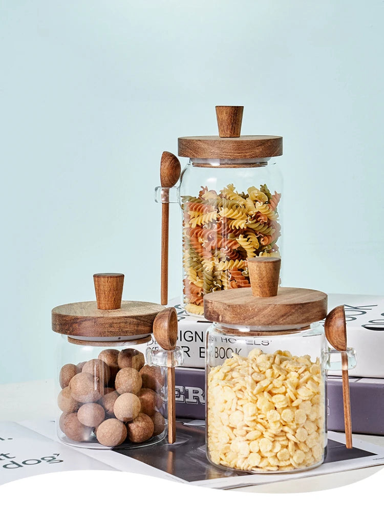Glass Sealed Jar 5 Grains Storage Can & Wooden Spoon Kitchen Moisture-proof Storage