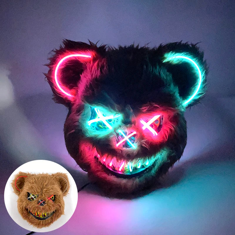 LED Cosplay Glowing Bloody Bear Mask Halloween Plush Rabbit Mask Neon Headgear