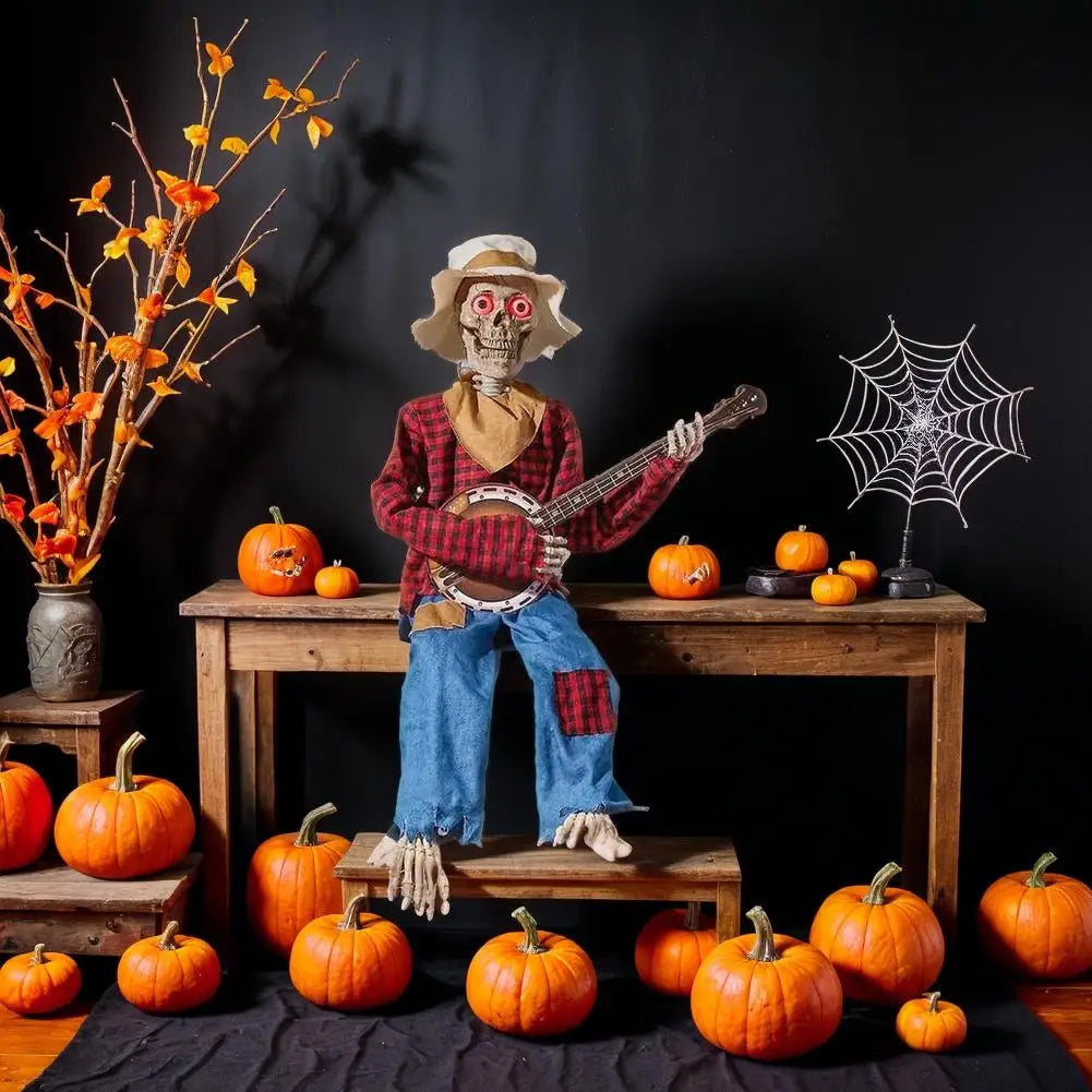 Halloween Animatronics Banjo Skeleton Decorations Musical Country Theme Decor