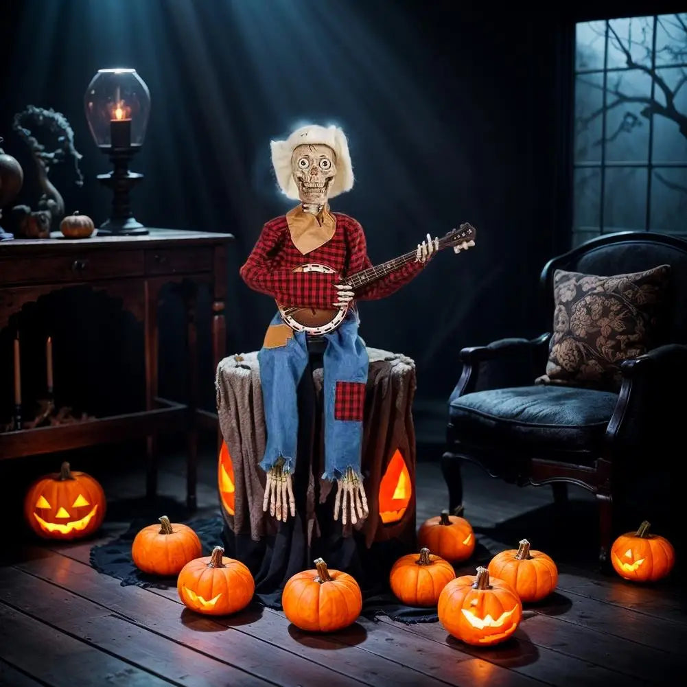Halloween Animatronics Banjo Skeleton Decorations Musical Country Theme Decor