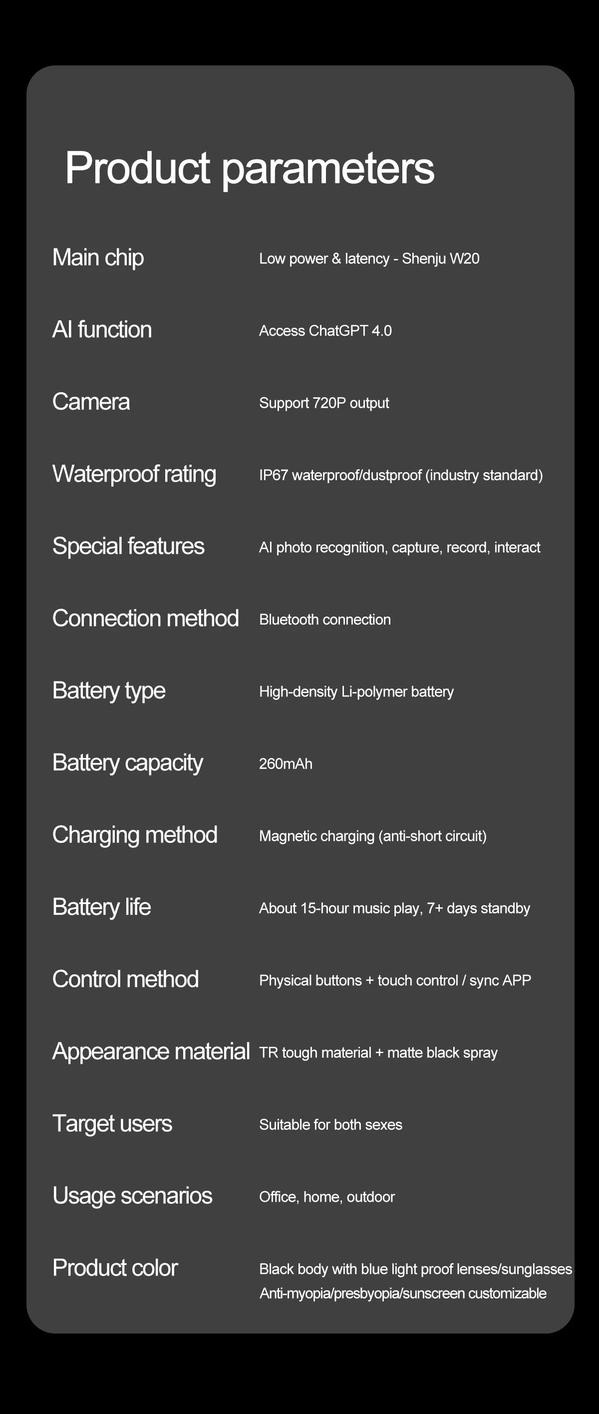 AI Camera Smart Glasses IP65 Waterproof Bluetooth for Call and Music Use ChatGPT