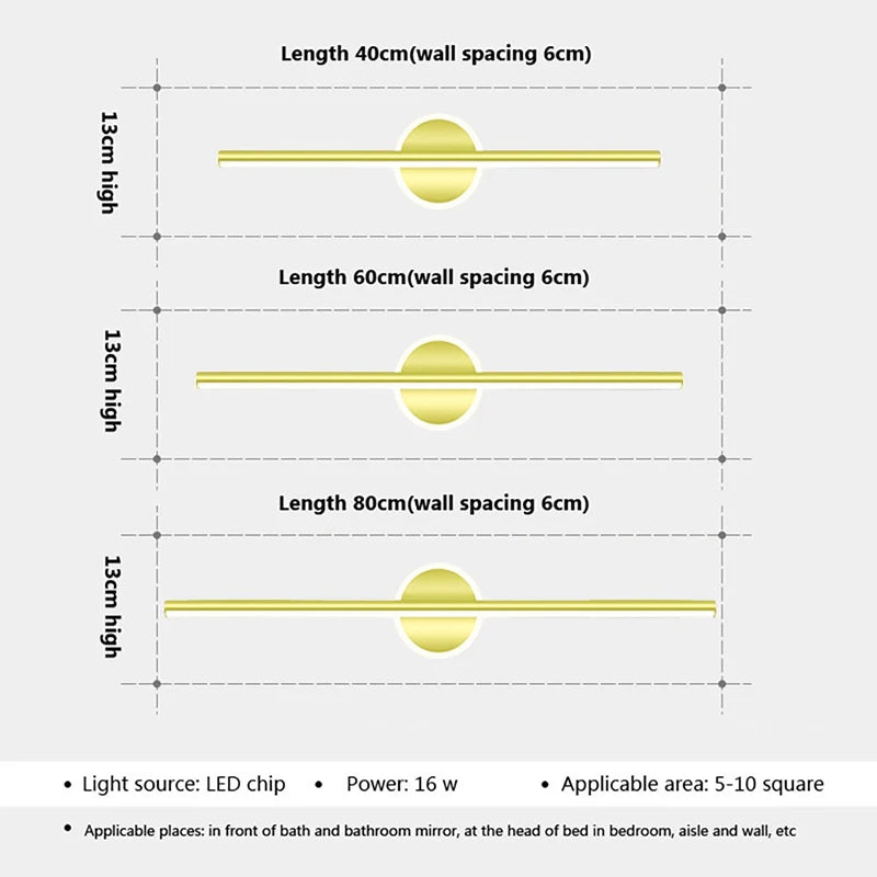 Modern LED Wall Lamp 40/60cm Mirror Black Gold Long Strip Fixture Led Lighting Lamps