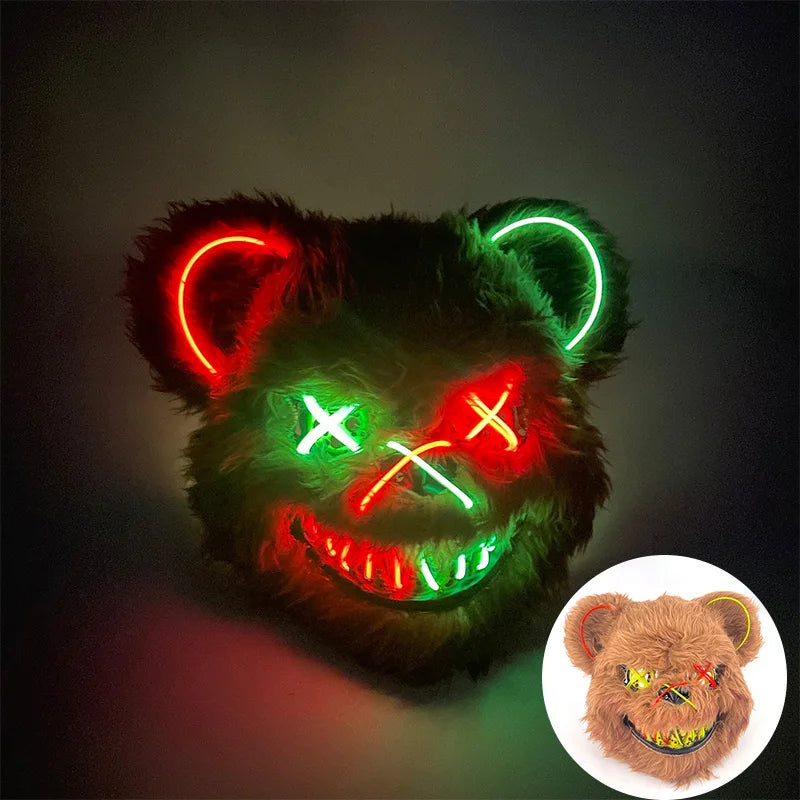 LED Cosplay Glowing Bloody Bear Mask Halloween Plush Rabbit Mask Neon Headgear