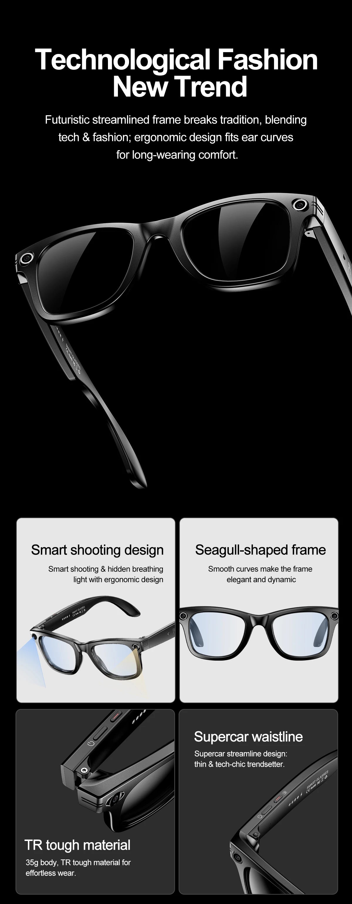 AI Camera Smart Glasses IP65 Waterproof Bluetooth for Call and Music Use ChatGPT