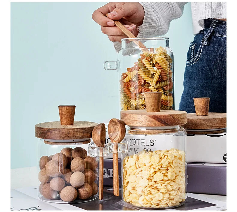 Glass Sealed Jar 5 Grains Storage Can & Wooden Spoon Kitchen Moisture-proof Storage