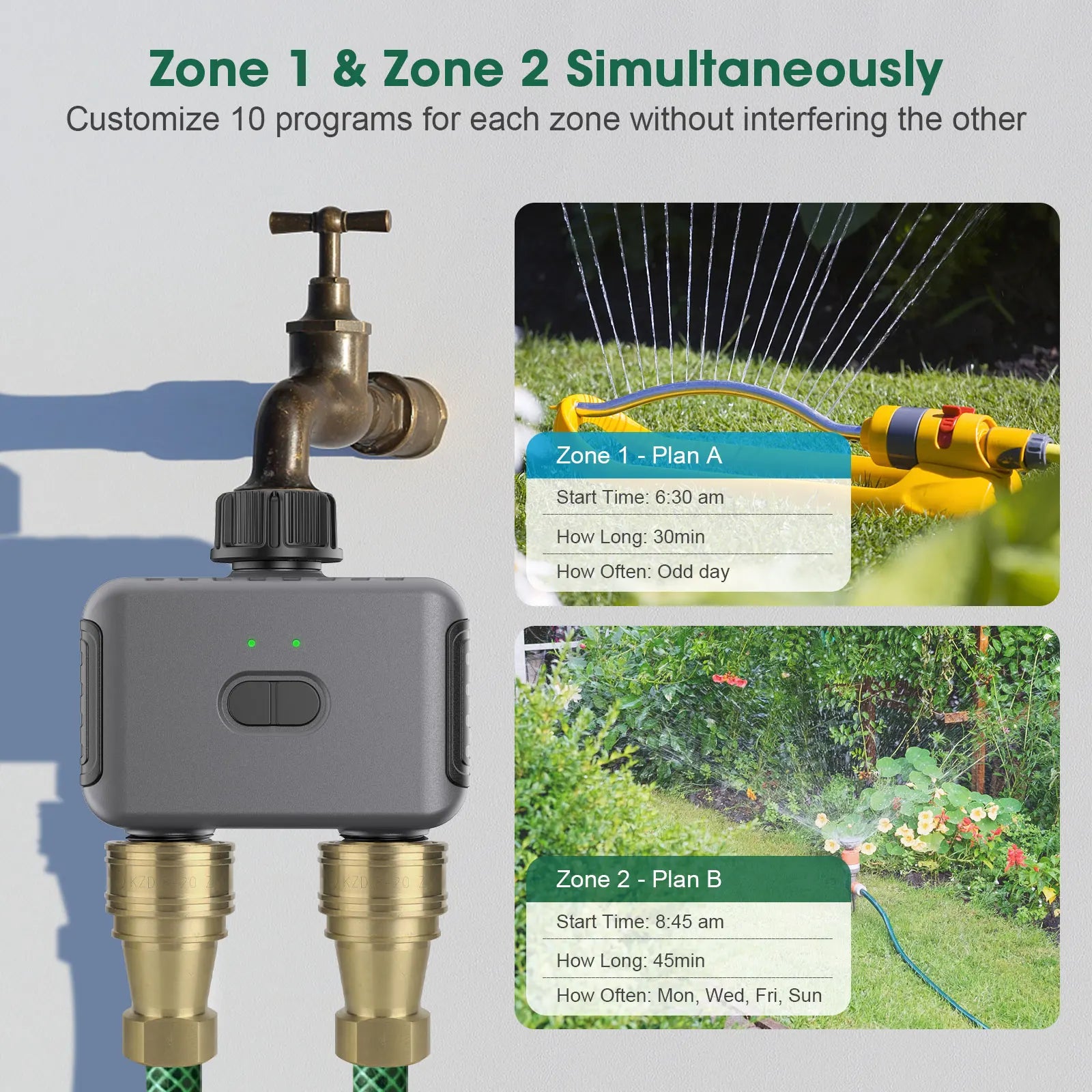 Automatic Water Timer Dual Hose Garden Irrigation Watering System Faucet Sprinkler
