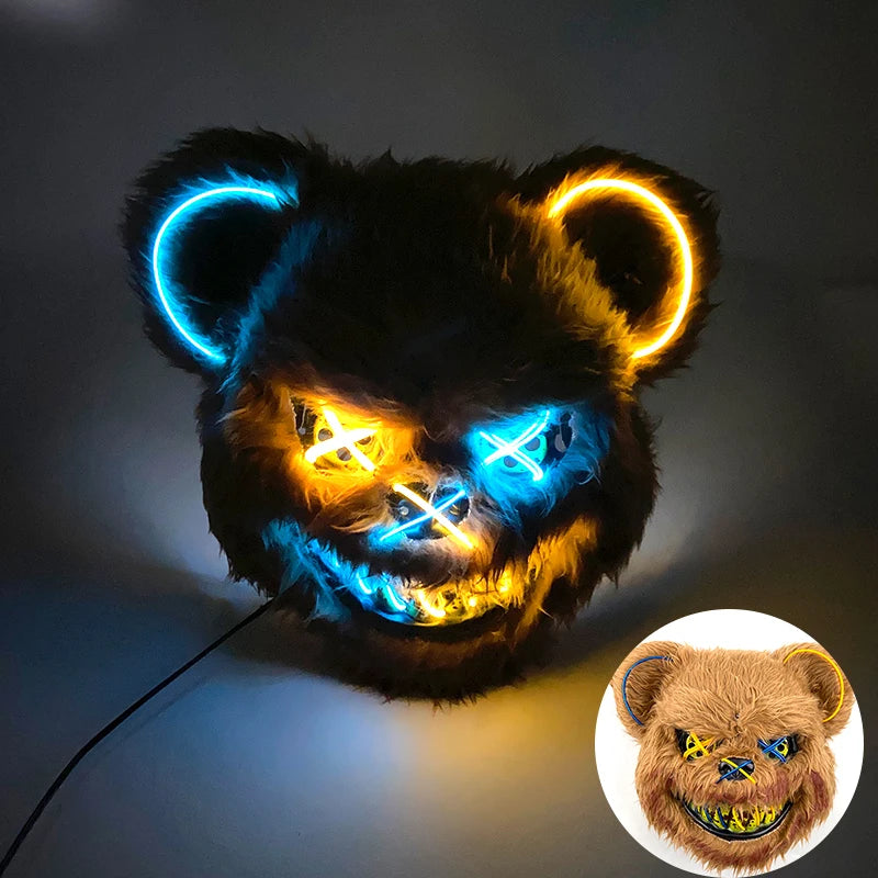 LED Cosplay Glowing Bloody Bear Mask Halloween Plush Rabbit Mask Neon Headgear