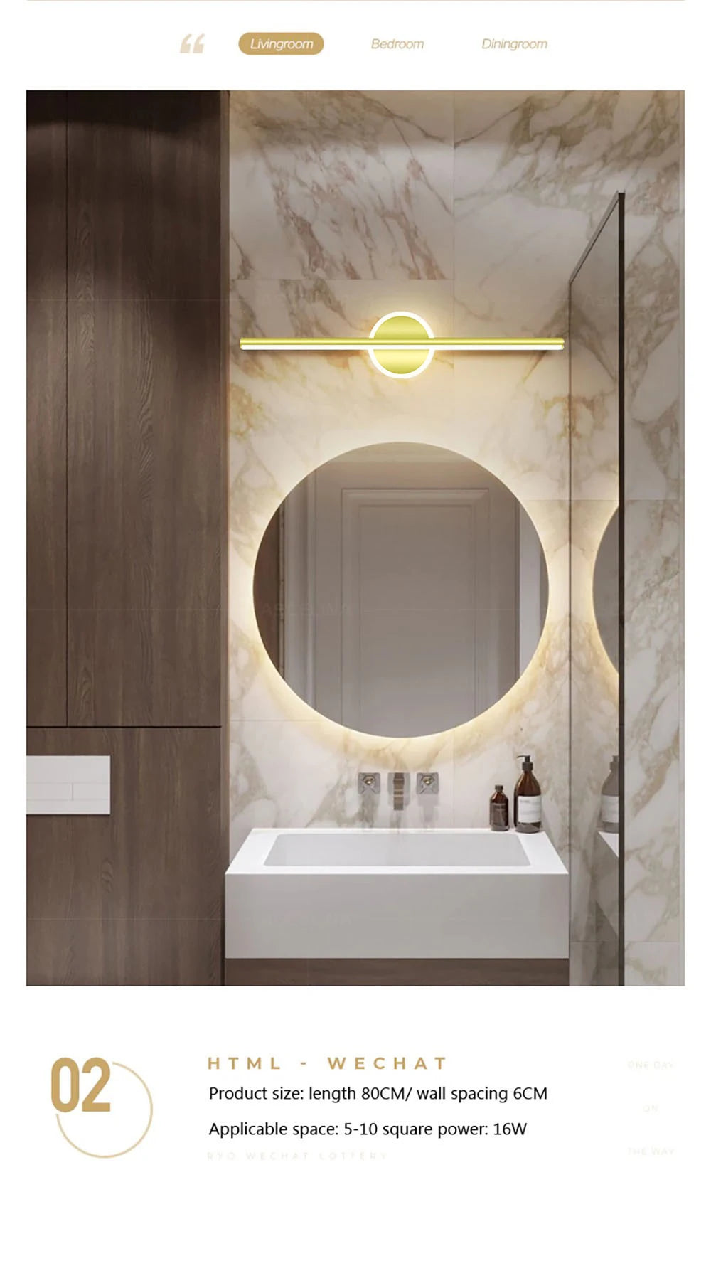 Modern LED Wall Lamp 40/60cm Mirror Black Gold Long Strip Fixture Led Lighting Lamps