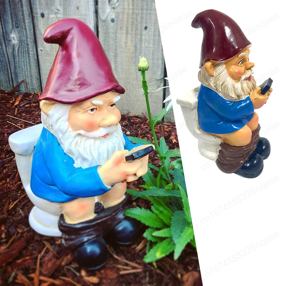 3D Dwarf Toilet Play Phone Statue Sculpture Crafts Garden Lawn Yard Decor