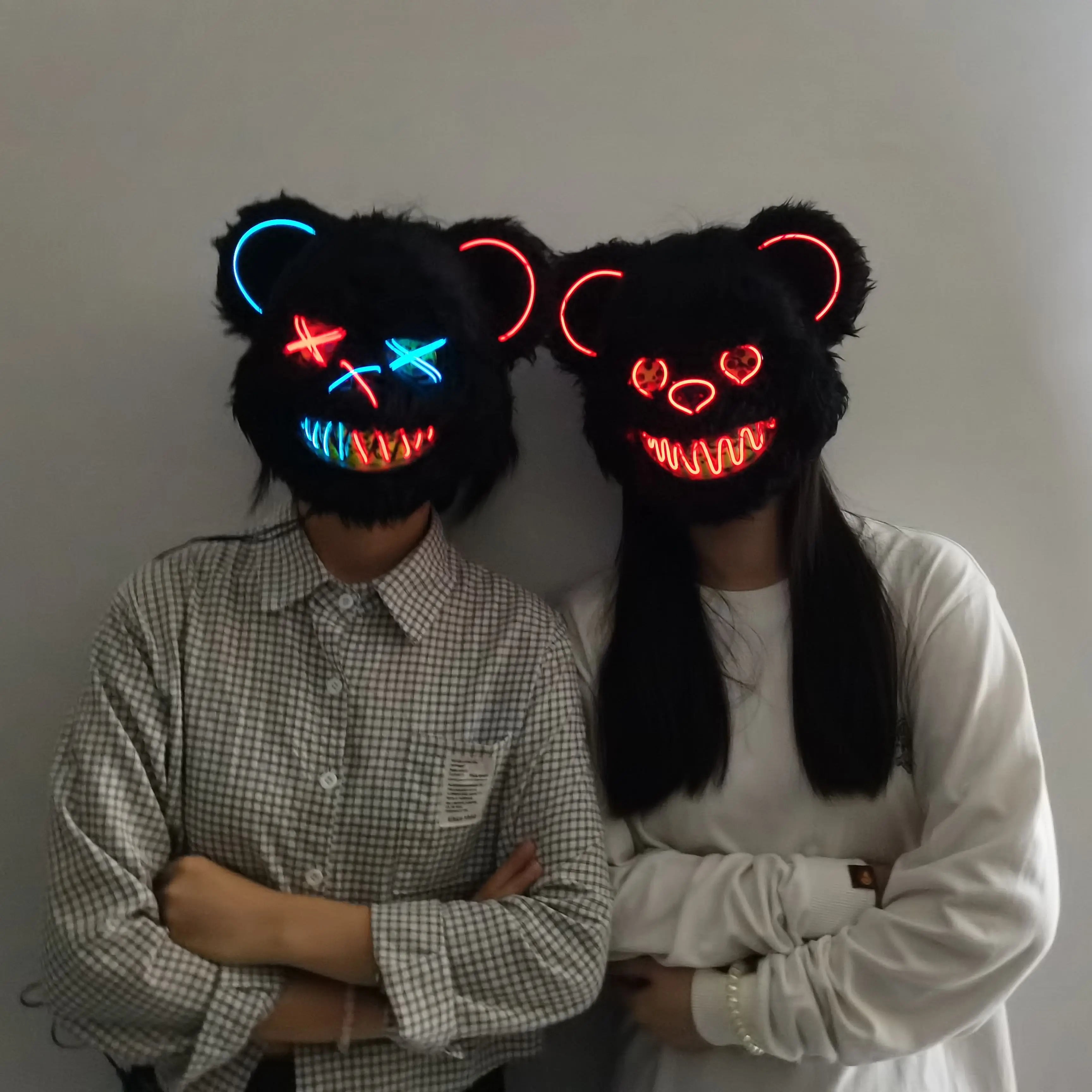 LED Cosplay Glowing Bloody Bear Mask Halloween Plush Rabbit Mask Neon Headgear