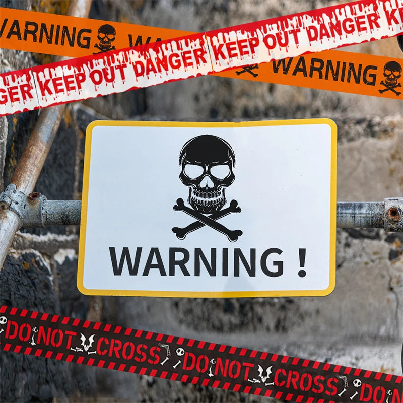 1 PC Halloween Window Prop Warning line Plastic Skull Head Warning Tape Signs