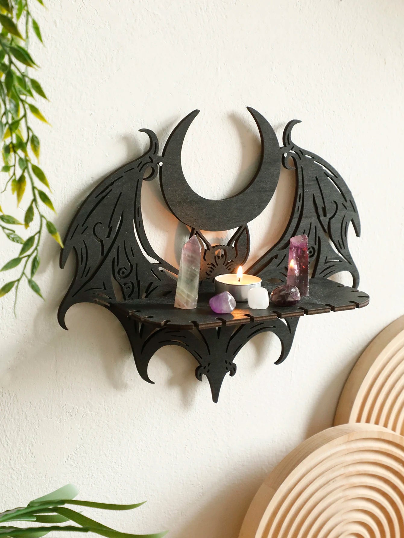 Wooden Wall Shelf Gothic Bat Moon Hollow Pattern Floating Shelf Crystal Holder