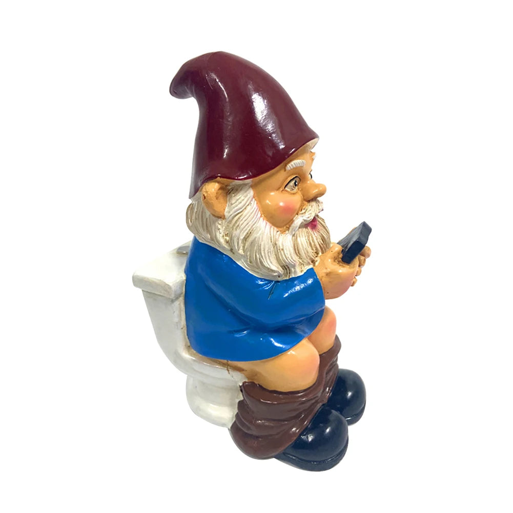 3D Dwarf Toilet Play Phone Statue Sculpture Crafts Garden Lawn Yard Decor