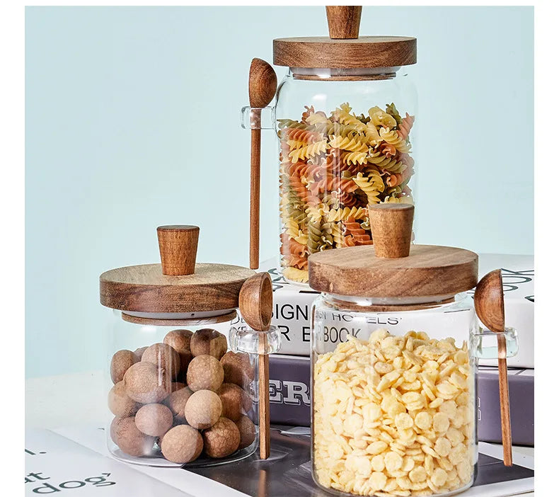 Glass Sealed Jar 5 Grains Storage Can & Wooden Spoon Kitchen Moisture-proof Storage