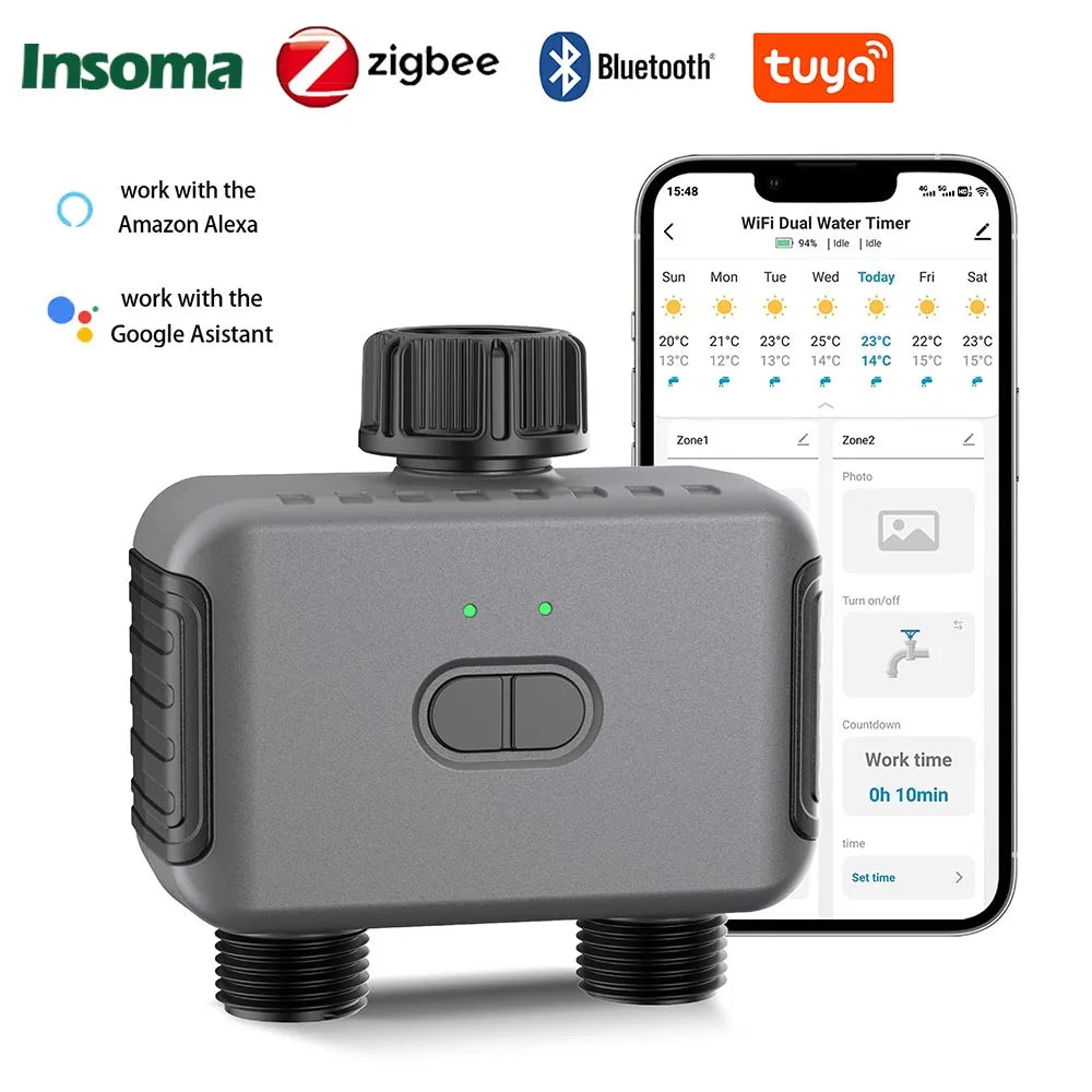 Automatic Water Timer Dual Hose Garden Irrigation Watering System Faucet Sprinkler
