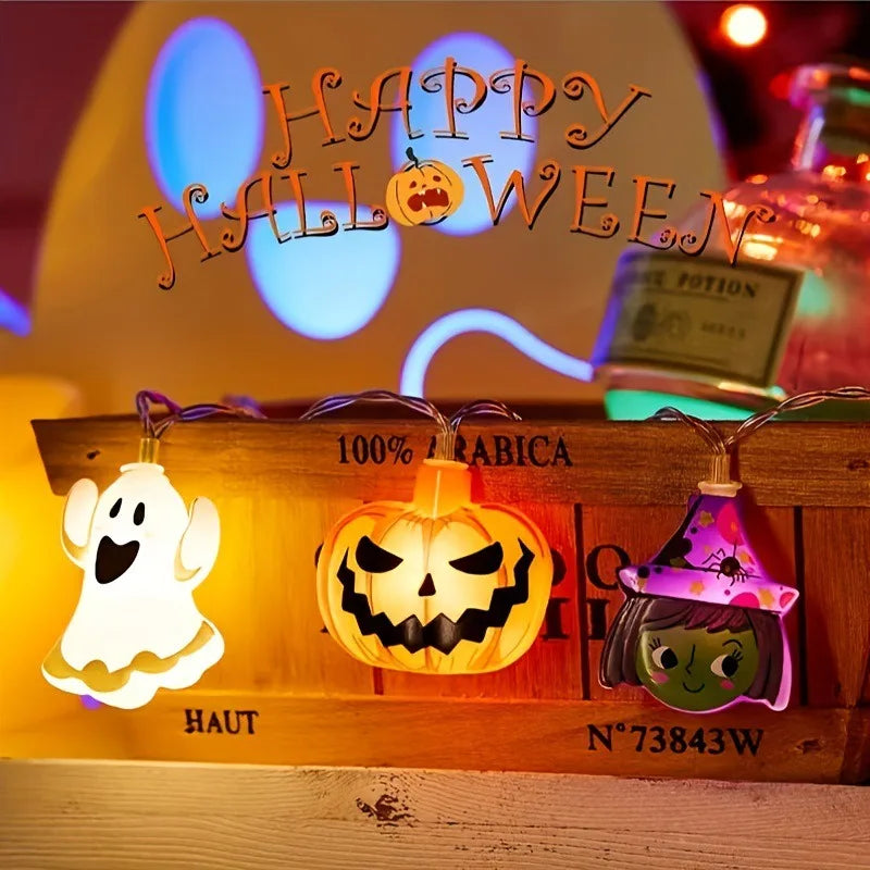 Halloween 10 LED Battery Powered String Lights With Ghost Pumpkin Spider Web Skeleton