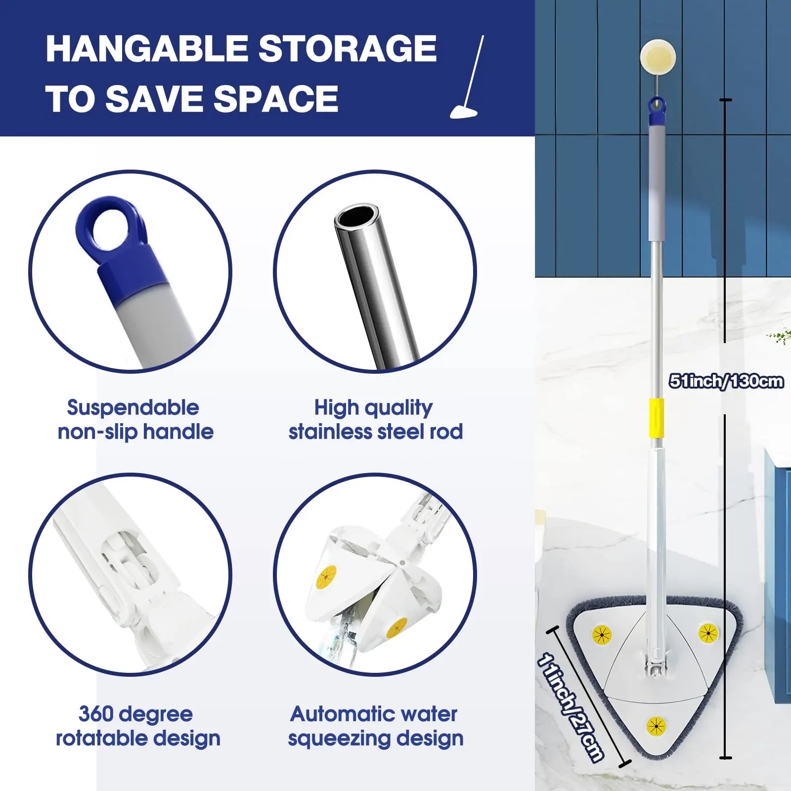 Rotatable Telescopic Triangle Mop 360° Spin Squeeze For Home Floor Ceiling