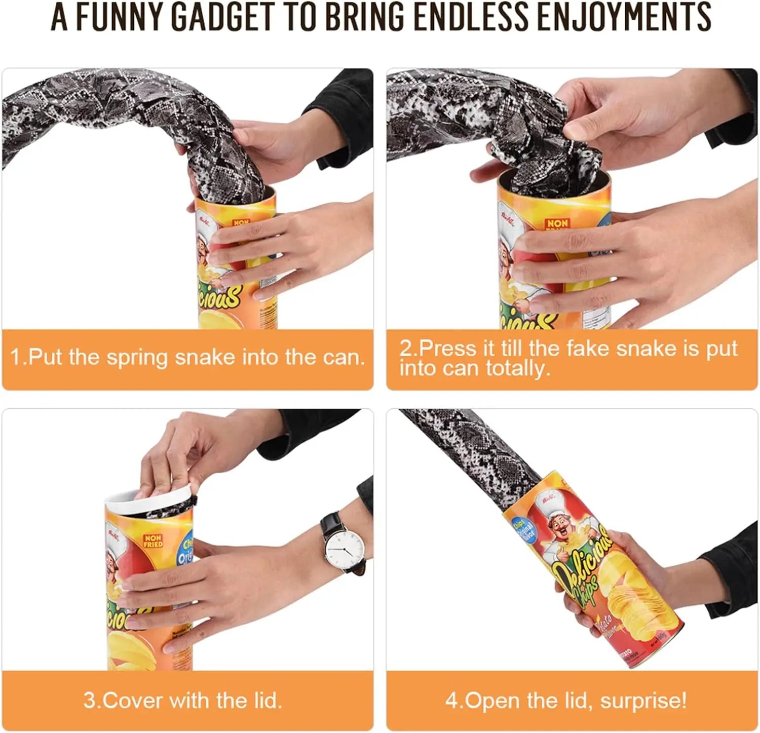 The Potato Chip Snake Can Jump Stage Magic Tricks Spring Snake Toy Jokes in A Can Gift