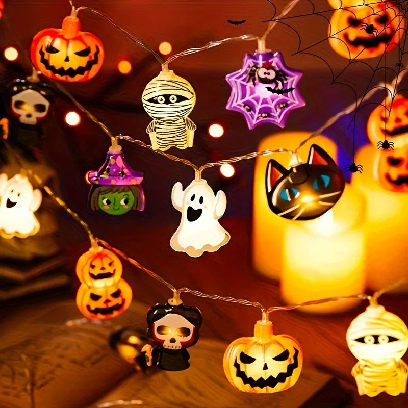 Halloween 10 LED Battery Powered String Lights With Ghost Pumpkin Spider Web Skeleton