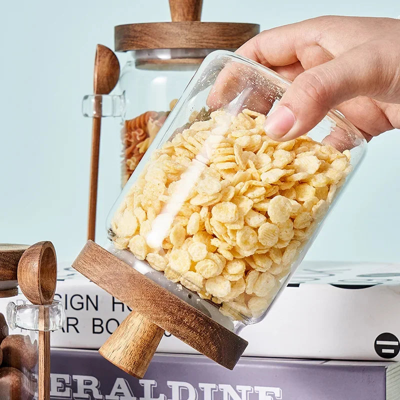 Glass Sealed Jar 5 Grains Storage Can & Wooden Spoon Kitchen Moisture-proof Storage
