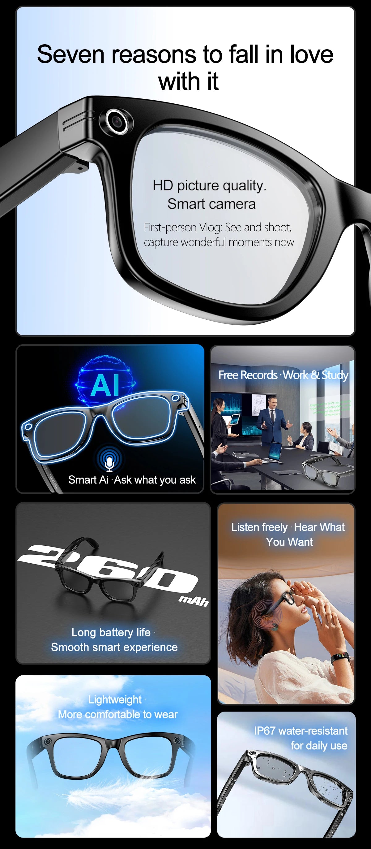 AI Camera Smart Glasses IP65 Waterproof Bluetooth for Call and Music Use ChatGPT