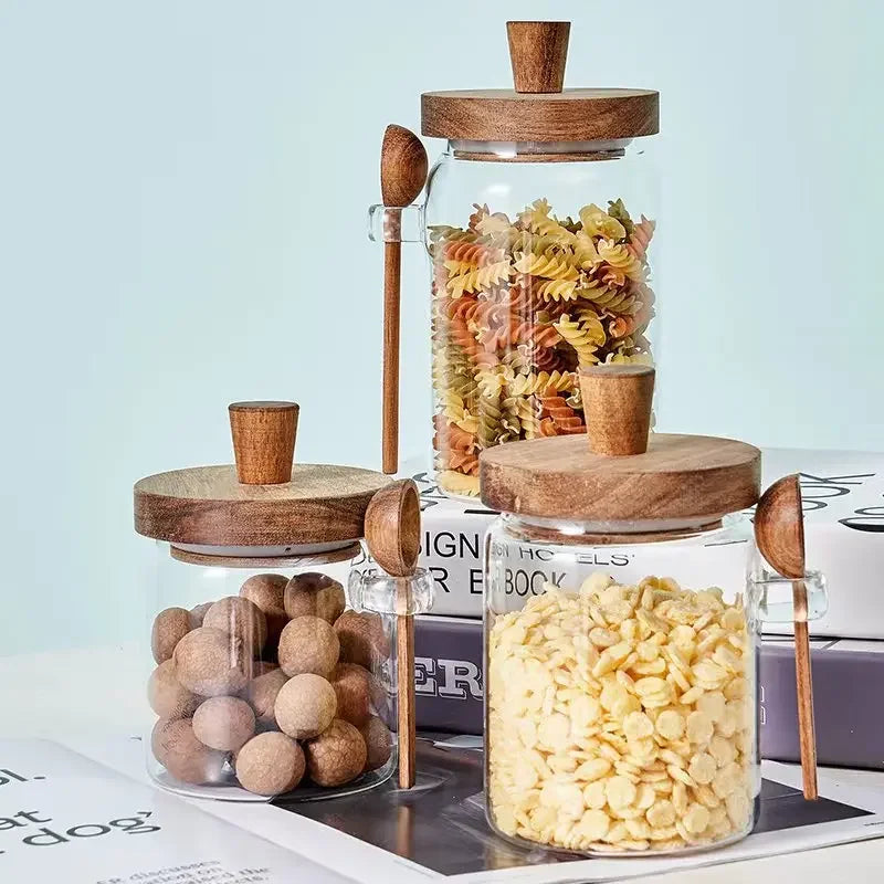 Glass Sealed Jar 5 Grains Storage Can & Wooden Spoon Kitchen Moisture-proof Storage