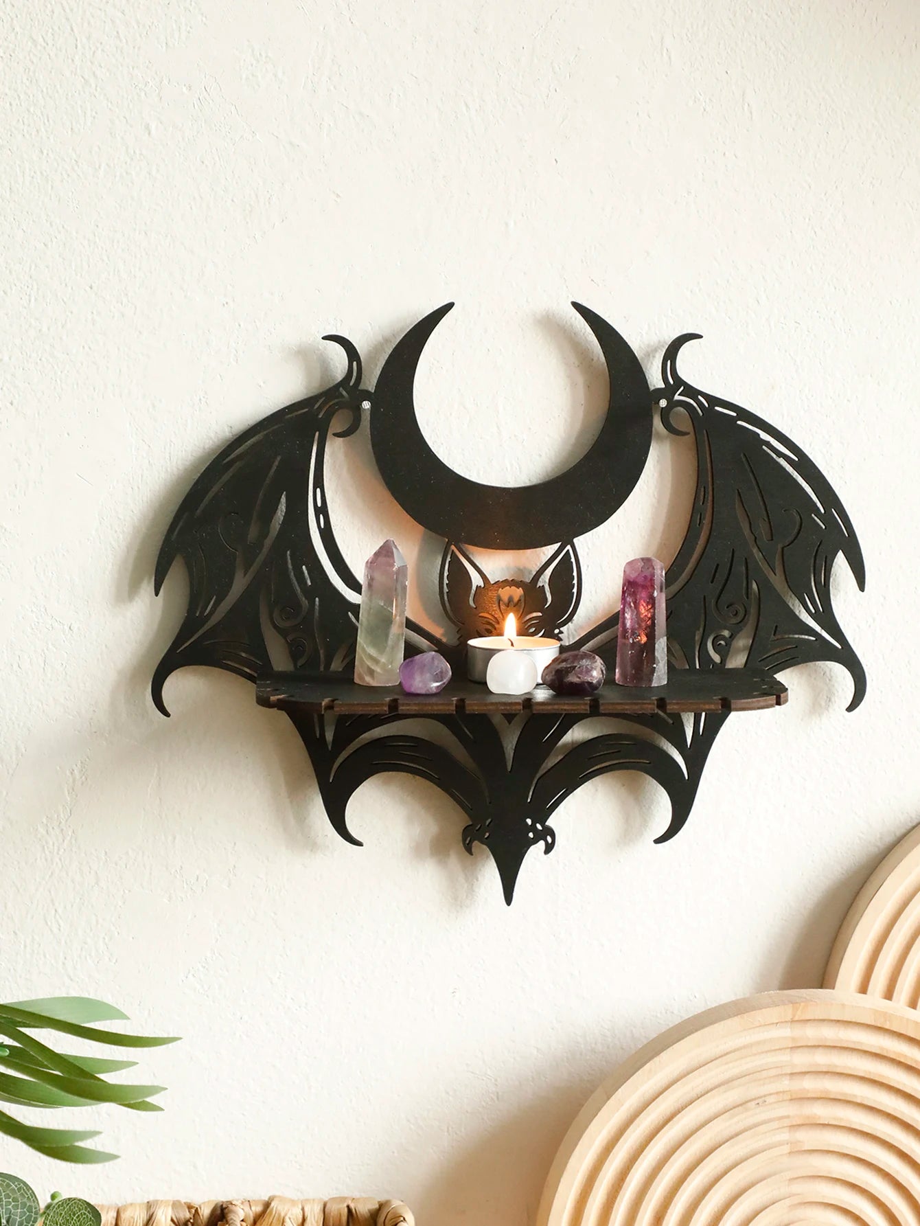 Wooden Wall Shelf Gothic Bat Moon Hollow Pattern Floating Shelf Crystal Holder