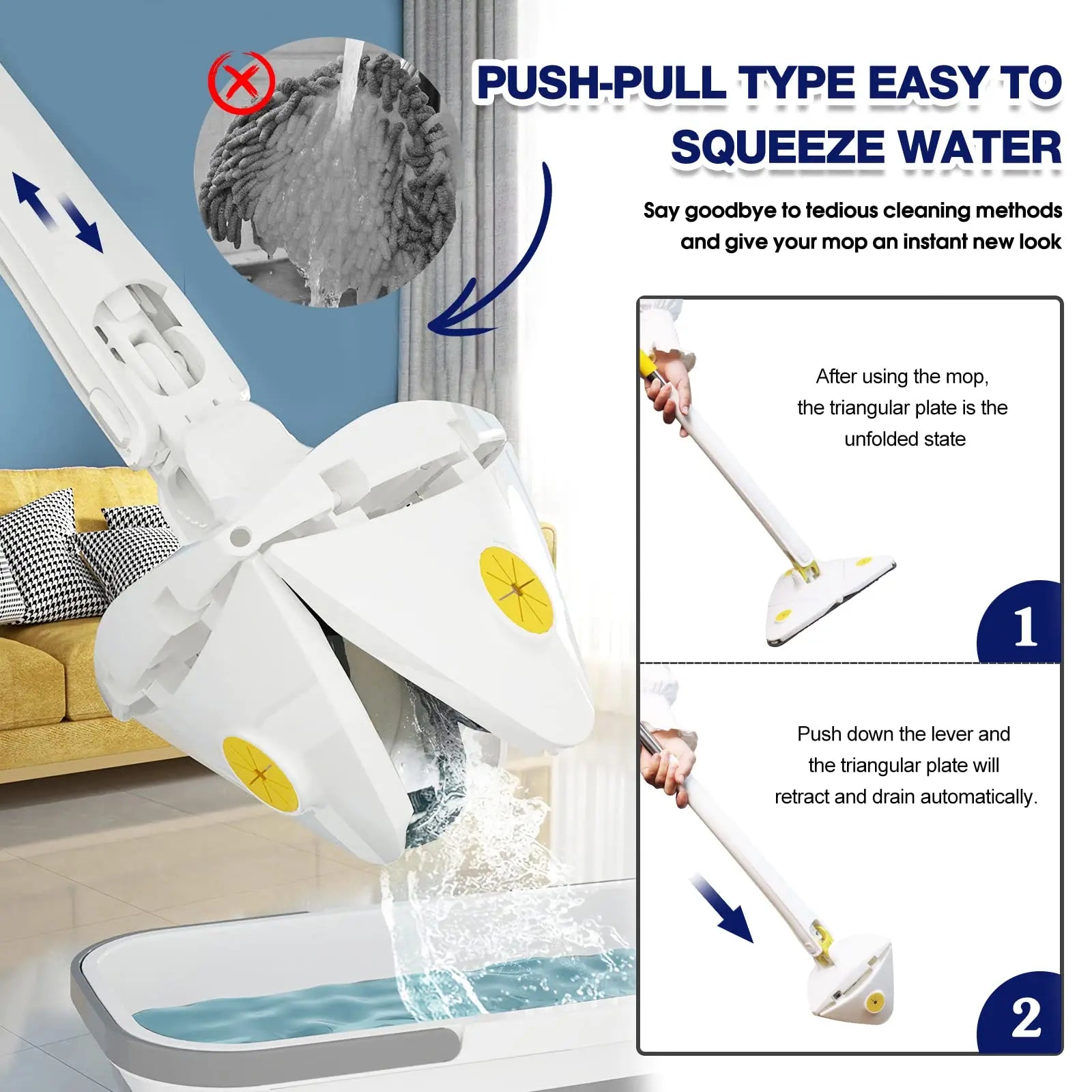 Rotatable Telescopic Triangle Mop 360° Spin Squeeze For Home Floor Ceiling