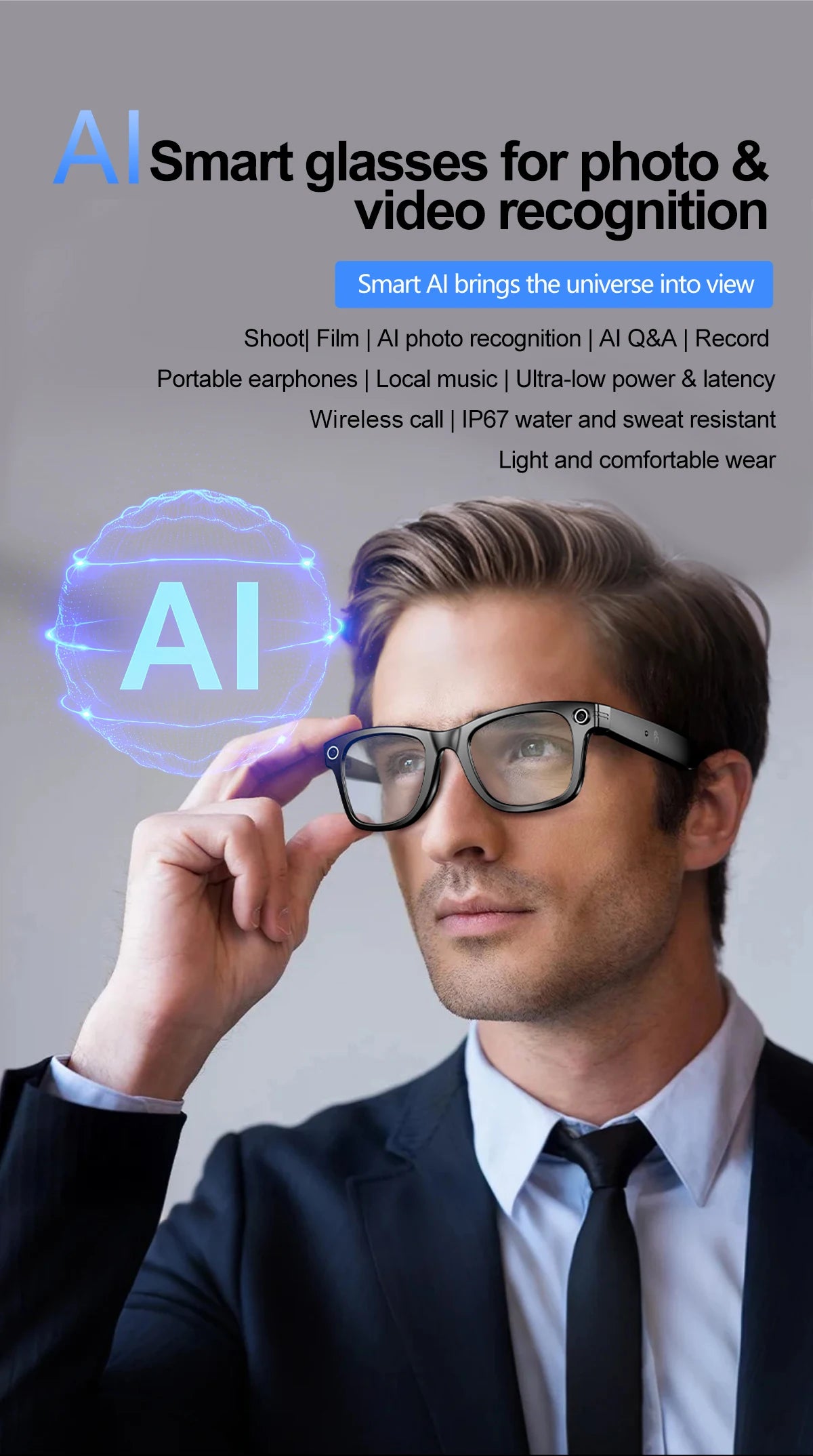 AI Camera Smart Glasses IP65 Waterproof Bluetooth for Call and Music Use ChatGPT