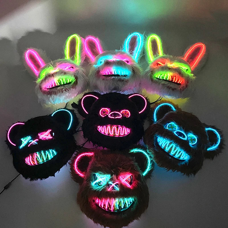 LED Cosplay Glowing Bloody Bear Mask Halloween Plush Rabbit Mask Neon Headgear