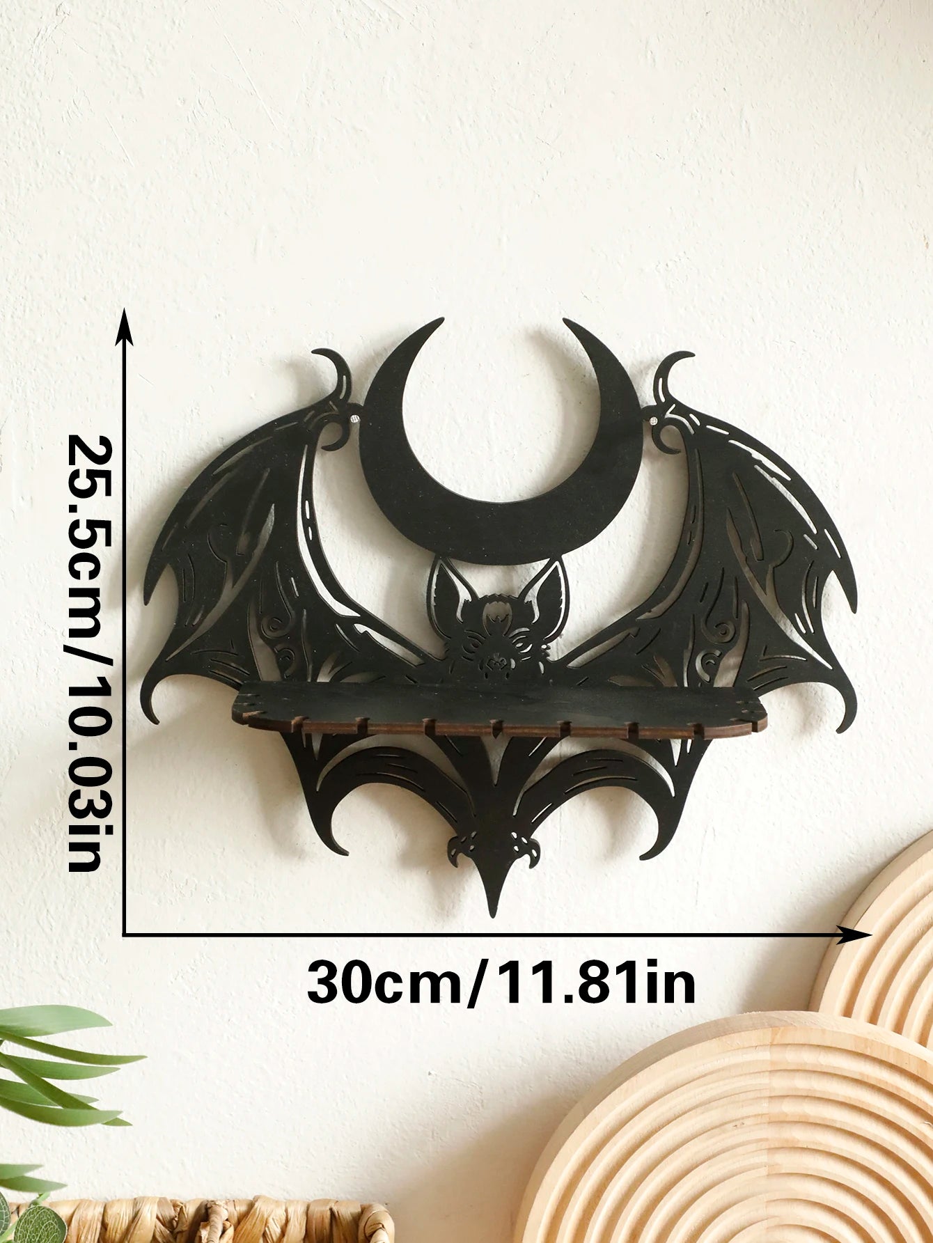 Wooden Wall Shelf Gothic Bat Moon Hollow Pattern Floating Shelf Crystal Holder