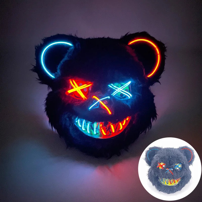 LED Cosplay Glowing Bloody Bear Mask Halloween Plush Rabbit Mask Neon Headgear