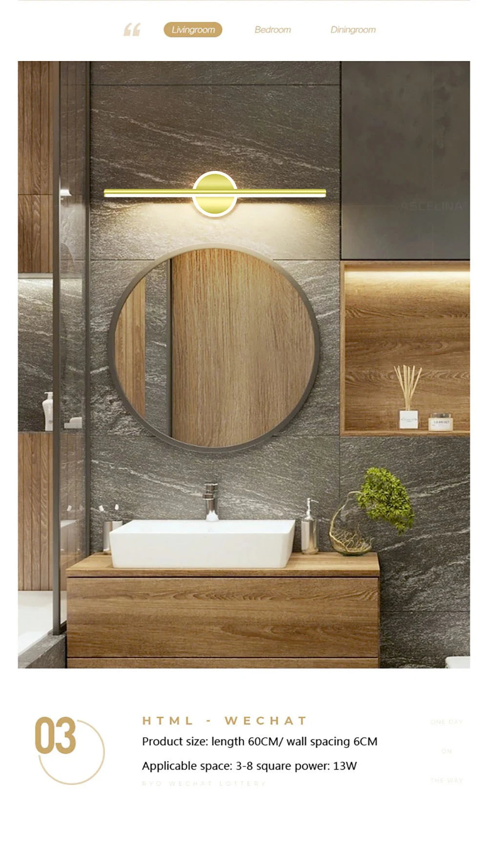 Modern LED Wall Lamp 40/60cm Mirror Black Gold Long Strip Fixture Led Lighting Lamps