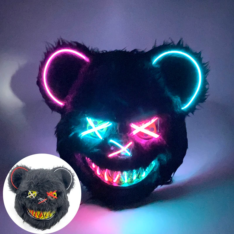 LED Cosplay Glowing Bloody Bear Mask Halloween Plush Rabbit Mask Neon Headgear