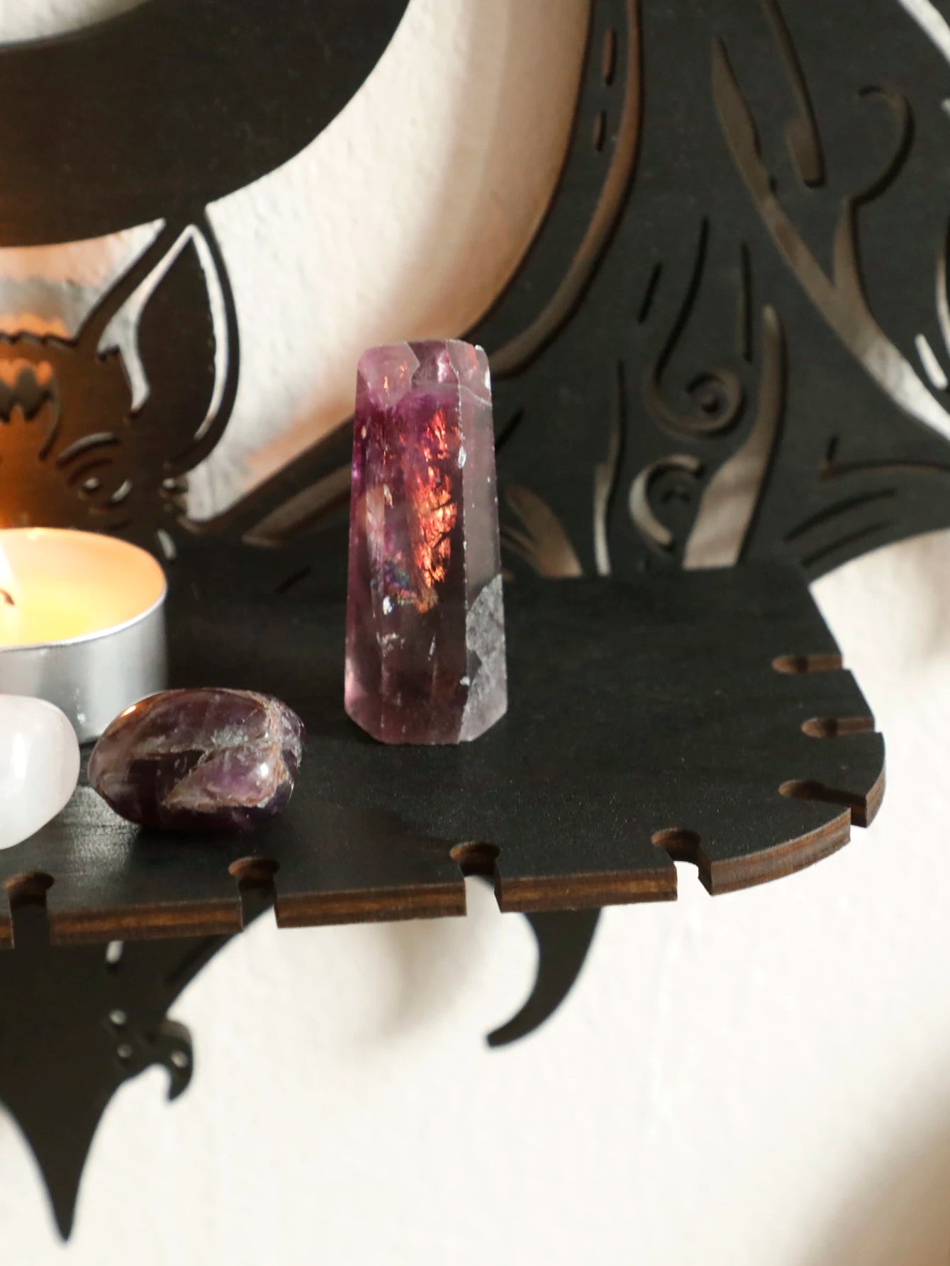 Wooden Wall Shelf Gothic Bat Moon Hollow Pattern Floating Shelf Crystal Holder