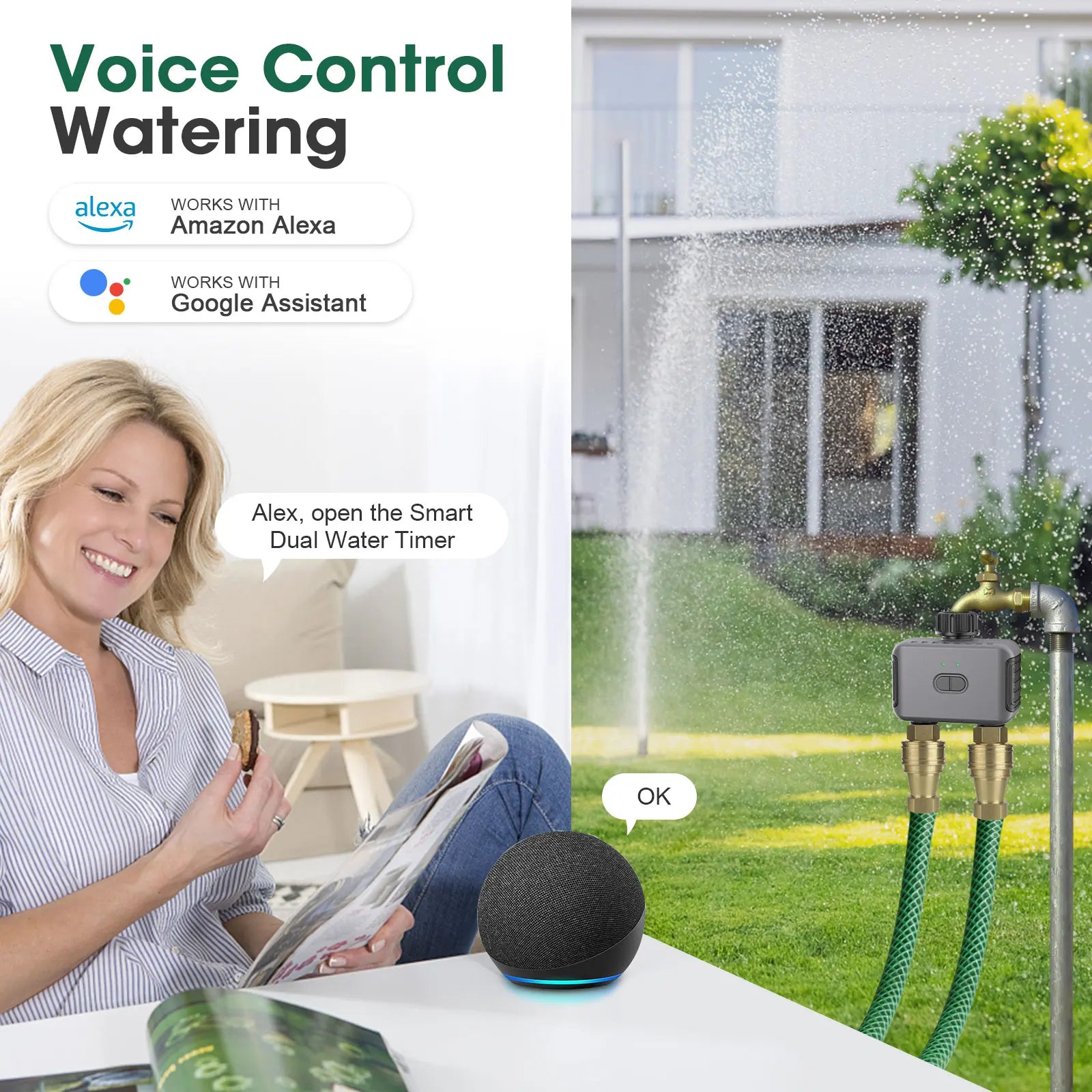 Automatic Water Timer Dual Hose Garden Irrigation Watering System Faucet Sprinkler