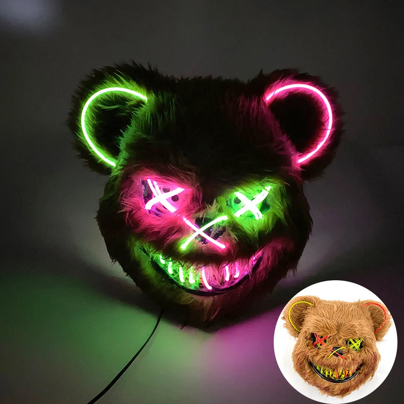 LED Cosplay Glowing Bloody Bear Mask Halloween Plush Rabbit Mask Neon Headgear