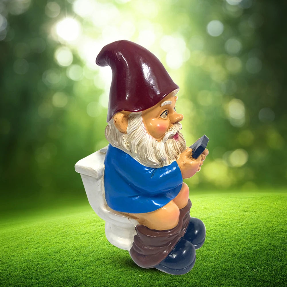 3D Dwarf Toilet Play Phone Statue Sculpture Crafts Garden Lawn Yard Decor