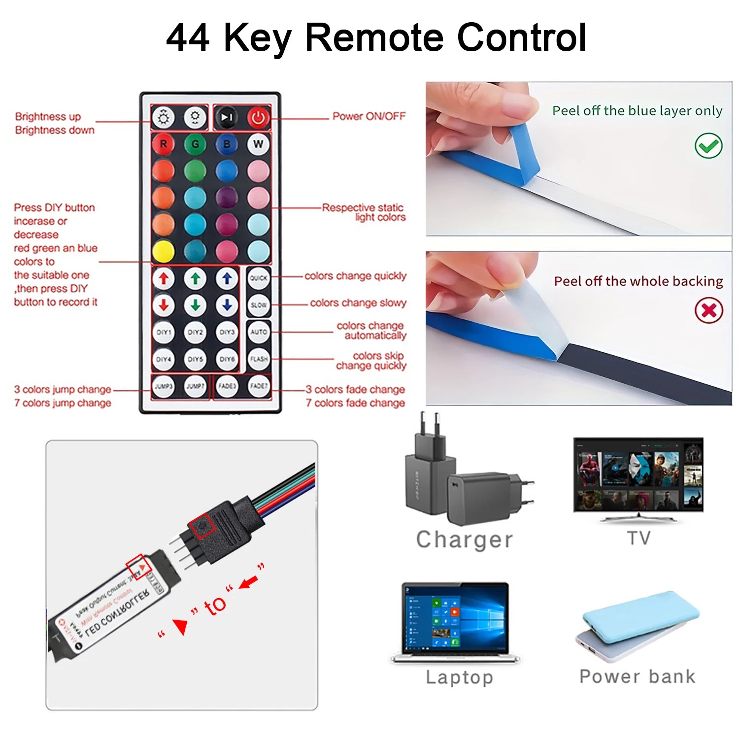 Led Strip Lights with 44 Key Remote Control RGB Tape Led Wall Room for Home