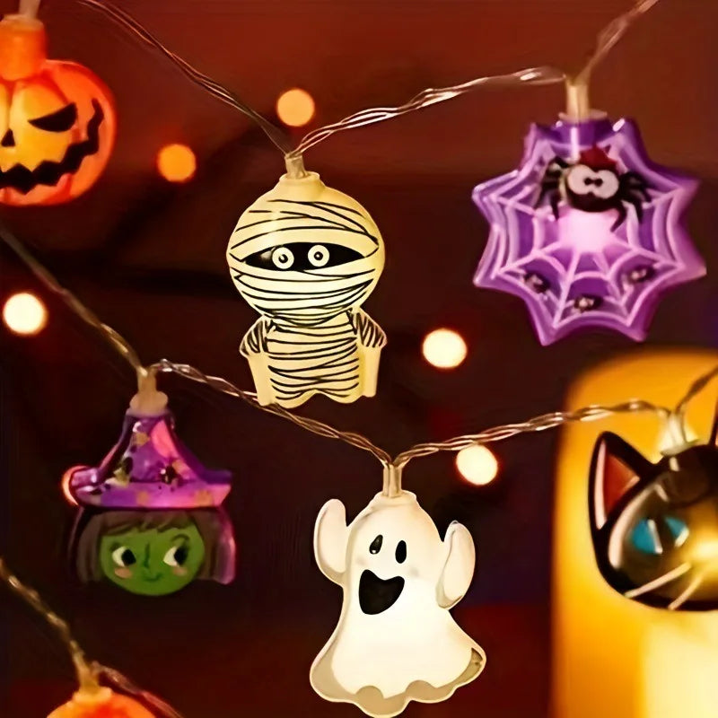 Halloween 10 LED Battery Powered String Lights With Ghost Pumpkin Spider Web Skeleton