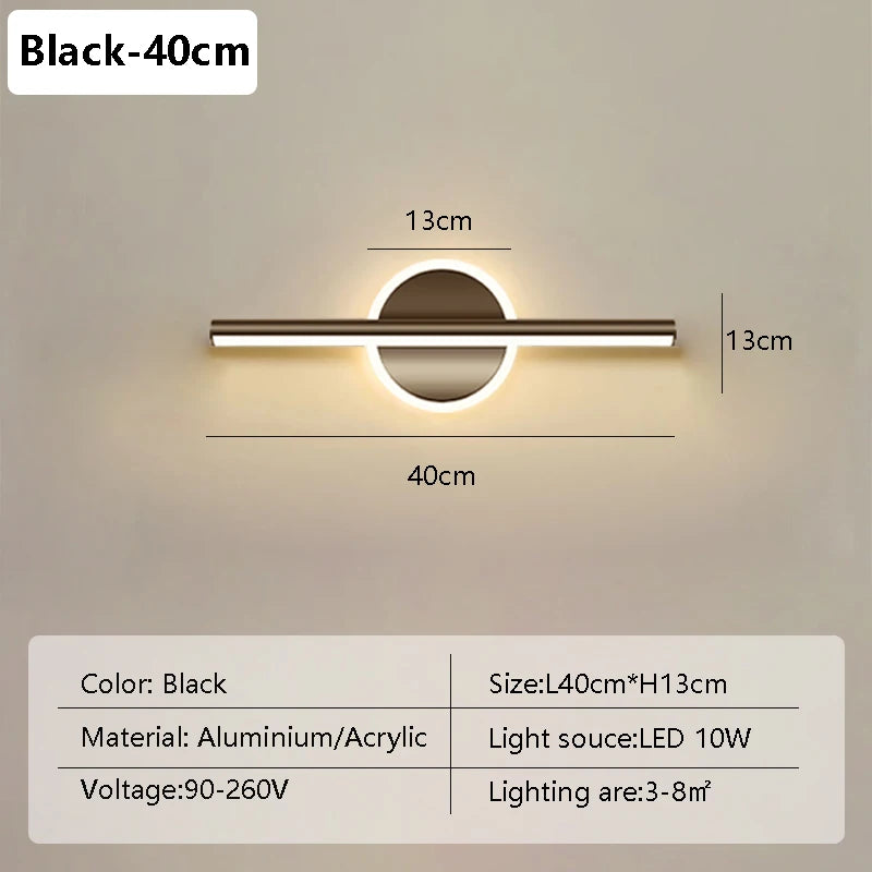 Modern LED Wall Lamp 40/60cm Mirror Black Gold Long Strip Fixture Led Lighting Lamps