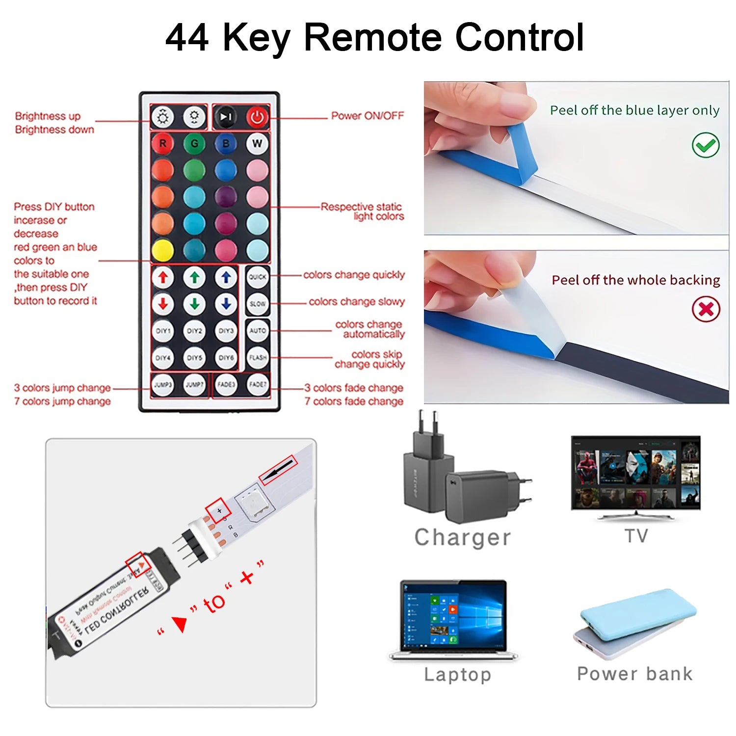 Led Strip Lights with 44 Key Remote Control RGB Tape Led Wall Room for Home