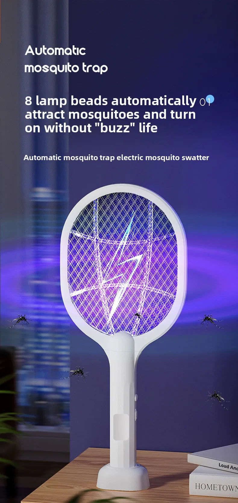 Electric Mosquito Swatter & Repellent Lamp -USB Rechargeable+Base
