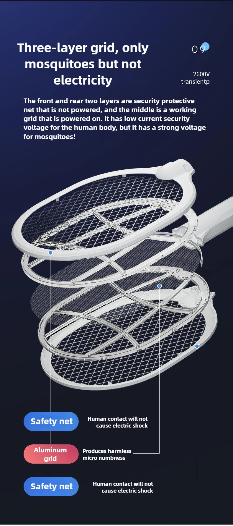 Electric Mosquito Swatter & Repellent Lamp -USB Rechargeable+Base