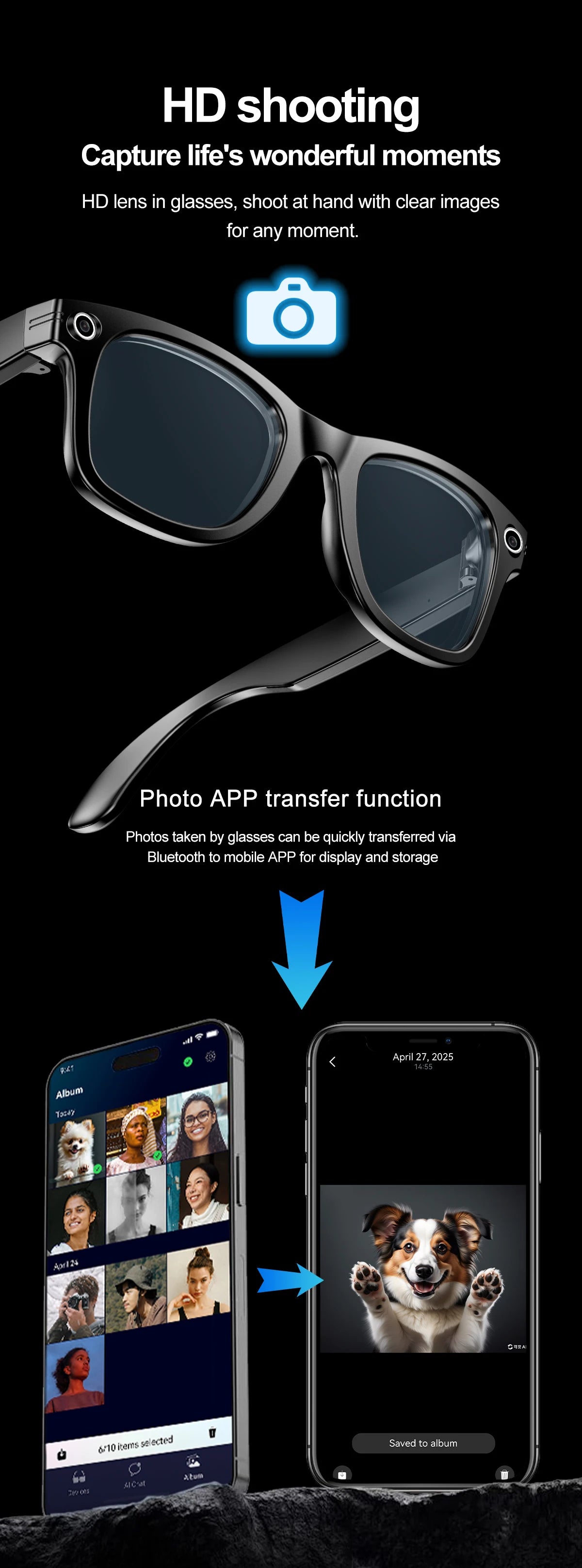 AI Camera Smart Glasses IP65 Waterproof Bluetooth for Call and Music Use ChatGPT