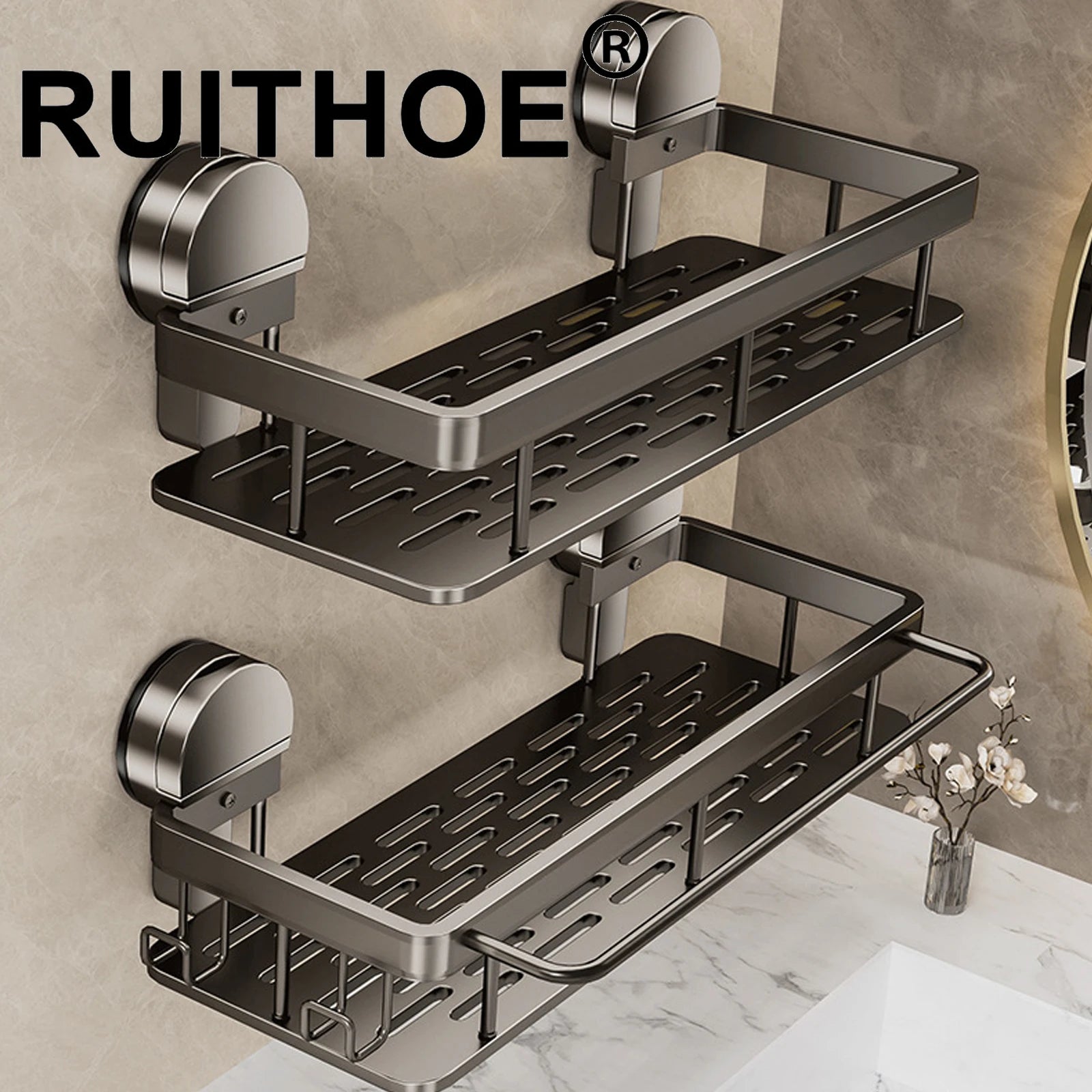 Suction Cup Bathroom Shelf No Drill Wall Mounted Shower Rack Toilet Storage Rack