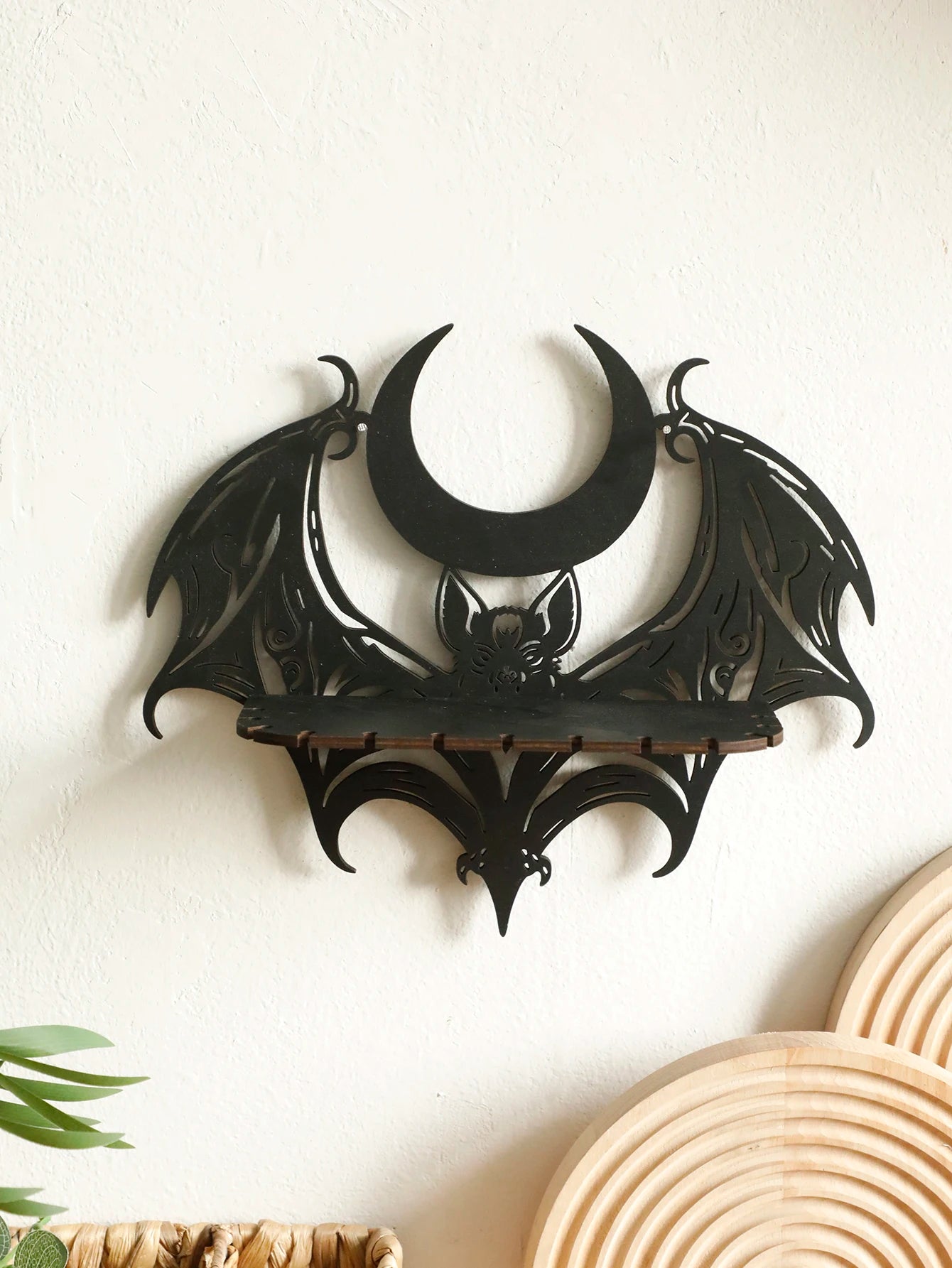 Wooden Wall Shelf Gothic Bat Moon Hollow Pattern Floating Shelf Crystal Holder