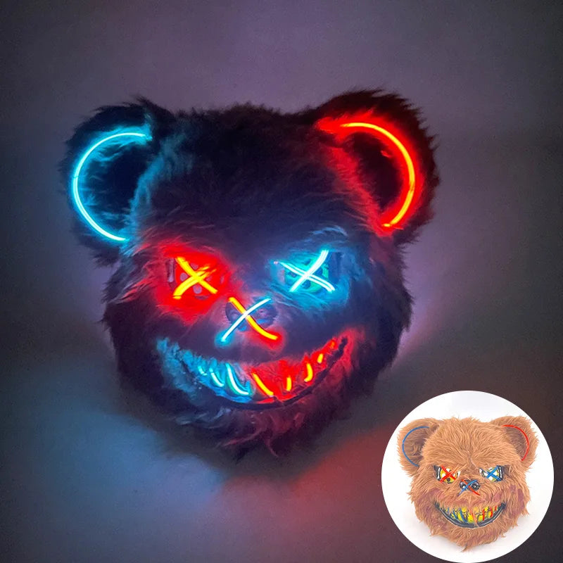LED Cosplay Glowing Bloody Bear Mask Halloween Plush Rabbit Mask Neon Headgear